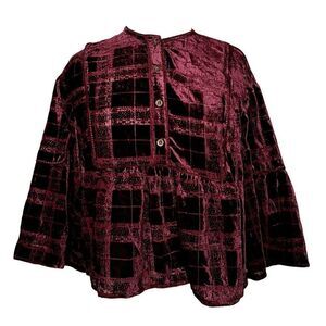 Anthropologie The Korner Crushed Velvet Cropped Top Sz S Burgundy Tonal Squares
